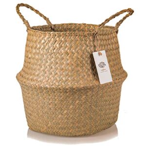 seagrass belly basket with handles – 12.6″x11″ – 100% hand woven from sustainably grown seaweed – decorative basket for living room and bedroom and for storage of blankets, laundry and toys