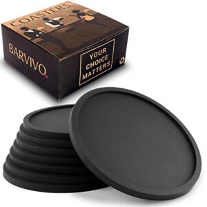 barvivo silicone coasters with holder set of 8 – cup coasters for indoor and outdoor, perfect durable coaster for tabletop protection, anti slip, suitable for all drinks & table types – black