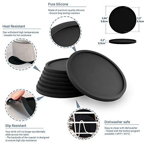 Barvivo Silicone Coasters with Holder Set of 8 - Cup Coasters for Indoor and Outdoor, Perfect Durable Coaster for Tabletop Protection, Anti Slip, Suitable for All Drinks & Table Types - Black