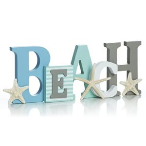 wooden beach word sign with trio of loose starfish – tropical beach home decor