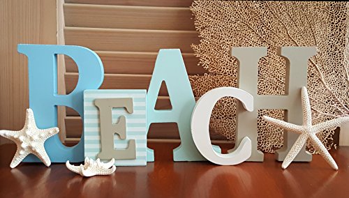 Wooden Beach Word Sign with Trio of Loose Starfish - Tropical Beach Home Decor