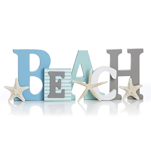 Wooden Beach Word Sign with Trio of Loose Starfish - Tropical Beach Home Decor