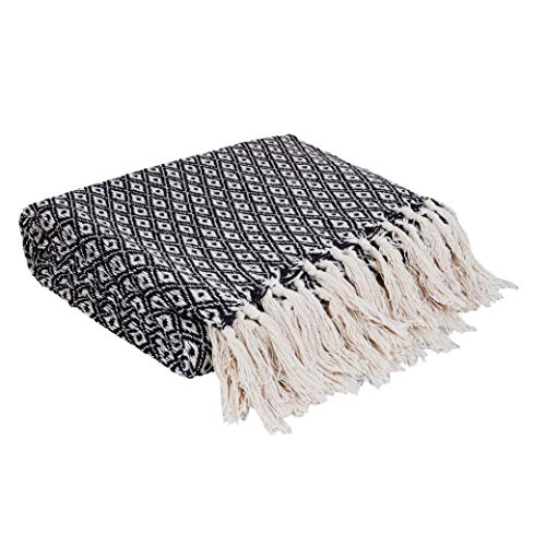 Throw Blanket for Couch in Black and White Mini Diamond 48" x 60" - All Seasons Lightweight Cozy Soft Blankets & Throws for Bed and Sofa - 100% Cotton with Fringe