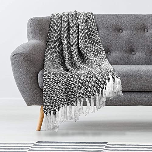 Throw Blanket for Couch in Black and White Mini Diamond 48" x 60" - All Seasons Lightweight Cozy Soft Blankets & Throws for Bed and Sofa - 100% Cotton with Fringe