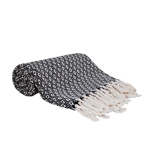 Throw Blanket for Couch in Black and White Mini Diamond 48" x 60" - All Seasons Lightweight Cozy Soft Blankets & Throws for Bed and Sofa - 100% Cotton with Fringe