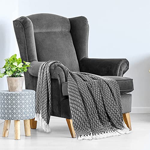 Throw Blanket for Couch in Black and White Mini Diamond 48" x 60" - All Seasons Lightweight Cozy Soft Blankets & Throws for Bed and Sofa - 100% Cotton with Fringe