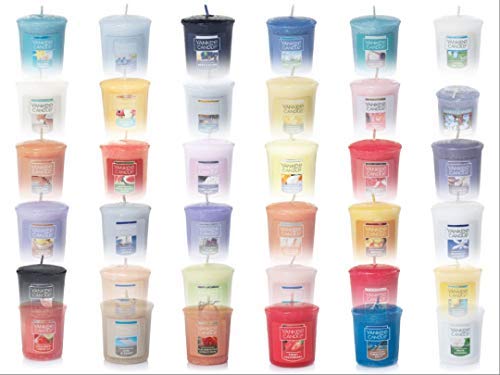Yankee Candle Spring and Summer Votive Samplers Assortment of 12 in Storage Container Gift Box with Bonus Organza Sachet Bag Bundle