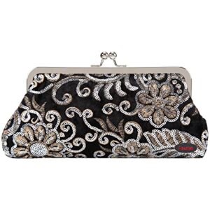 Fawziya Clutch Evening Bags Sequin Velvet Embroidered Kiss Lock PursesKiss Lock Evening Bag-Black