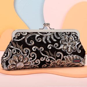 Fawziya Clutch Evening Bags Sequin Velvet Embroidered Kiss Lock PursesKiss Lock Evening Bag-Black