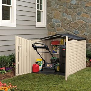 Rubbermaid Slide-Lid Resin Weather Resistant Outdoor Storage Shed, 6 x 3.75 feet, 96 cu. ft., Olive/Sandstone, for Garden/Backyard/Home/Pool