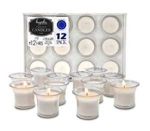 hyoola votive candles – white votives in clear cup – 12 hour burn time unscented votive candles bulk – pack of 12 small candles in bulk – made in europe