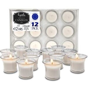 Hyoola Votive Candles - White Votives in Clear Cup - 12 Hour Burn Time Unscented Votive Candles Bulk - Pack of 12 Small Candles in Bulk - Made in Europe