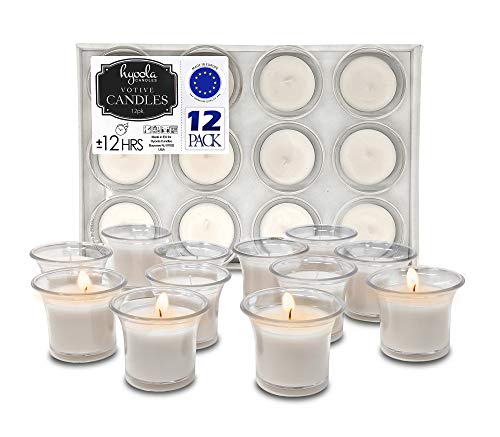 Hyoola Votive Candles - White Votives in Clear Cup - 12 Hour Burn Time Unscented Votive Candles Bulk - Pack of 12 Small Candles in Bulk - Made in Europe