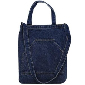 van caro women denim shoulder tote crossbody bag casual every-day handbag large pocket, dark blue