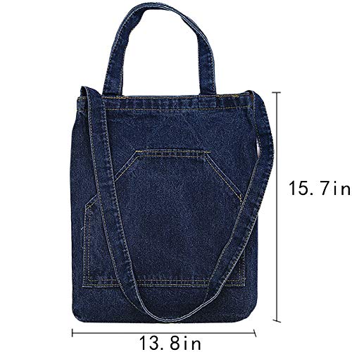 Van Caro Women Denim Shoulder Tote Crossbody Bag Casual Every-day Handbag Large Pocket, Dark Blue