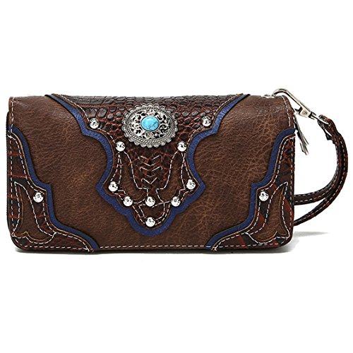 Conchos Studded Crocodile Laser Cut Cowgirl Western Style Country Purse Wrist Strap Women Wristlet Wallet (Brown), Large