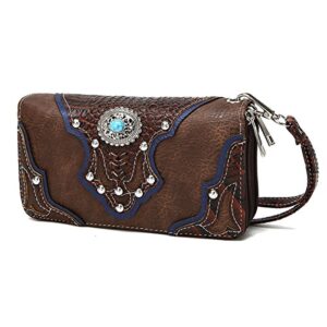 Conchos Studded Crocodile Laser Cut Cowgirl Western Style Country Purse Wrist Strap Women Wristlet Wallet (Brown), Large
