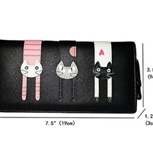 Women's Wallet Cute Cat Wallet Coin Purse Bifold Long Purse with Zipper Black