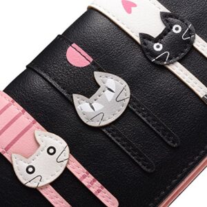 Women's Wallet Cute Cat Wallet Coin Purse Bifold Long Purse with Zipper Black