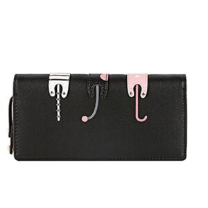 Women's Wallet Cute Cat Wallet Coin Purse Bifold Long Purse with Zipper Black