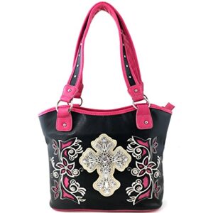 Justin West Western Rhinestone Cross Tote Purse Embroidery Floral Design Leather Concealed Carry Handbag (Black Hot Pink)