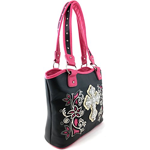 Justin West Western Rhinestone Cross Tote Purse Embroidery Floral Design Leather Concealed Carry Handbag (Black Hot Pink)