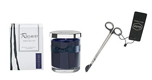 Rigaud Paris, Reine de la Nuit Bougie D'ambiance Parfumee, Small Candle Modele Complet w/Metal Silver Snuffer Lid, Blue Black, 2.6" Tall, 28 Hours with Gute Wick Cutter (2 Piece Bundle)