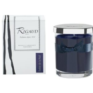 Rigaud Paris, Reine de la Nuit Bougie D'ambiance Parfumee, Small Candle Modele Complet w/Metal Silver Snuffer Lid, Blue Black, 2.6" Tall, 28 Hours with Gute Wick Cutter (2 Piece Bundle)