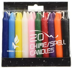 mega candles 20 pcs unscented assorted colors mini taper candle, 4 inch tall x 1/2 inch diameter, great for casting chimes, rituals, spells, vigil, witchcraft, wiccan supplies, wax play & more