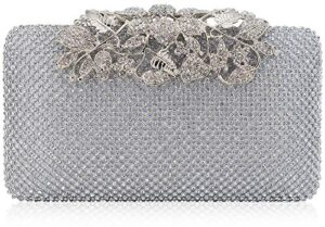 magiclove womens evening bag with flower closure rhinestone crystal clutch purse for wedding party silver