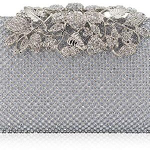 MagicLove Womens Evening Bag with Flower Closure Rhinestone Crystal Clutch Purse for Wedding Party Silver