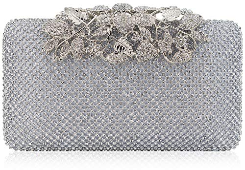 MagicLove Womens Evening Bag with Flower Closure Rhinestone Crystal Clutch Purse for Wedding Party Silver