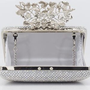 MagicLove Womens Evening Bag with Flower Closure Rhinestone Crystal Clutch Purse for Wedding Party Silver