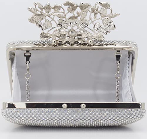 MagicLove Womens Evening Bag with Flower Closure Rhinestone Crystal Clutch Purse for Wedding Party Silver