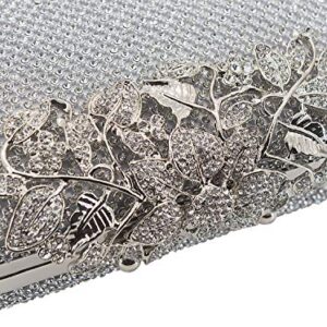 MagicLove Womens Evening Bag with Flower Closure Rhinestone Crystal Clutch Purse for Wedding Party Silver