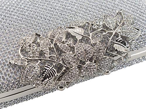 MagicLove Womens Evening Bag with Flower Closure Rhinestone Crystal Clutch Purse for Wedding Party Silver