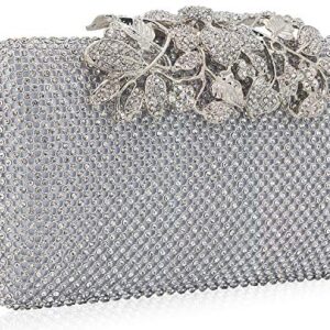 MagicLove Womens Evening Bag with Flower Closure Rhinestone Crystal Clutch Purse for Wedding Party Silver