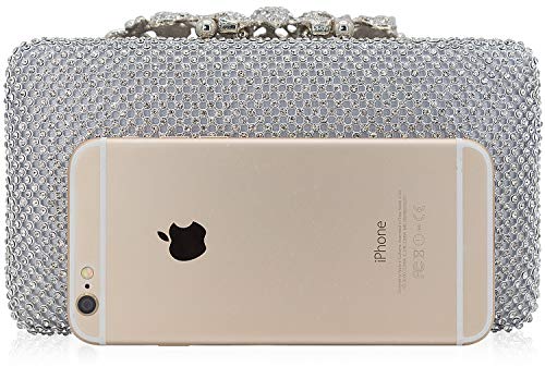 MagicLove Womens Evening Bag with Flower Closure Rhinestone Crystal Clutch Purse for Wedding Party Silver