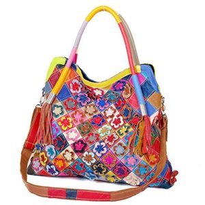 downupdown women handbags genuine leather tote bag 3d-flower shoulder bag multicolor splice totes satchel purse with tassels