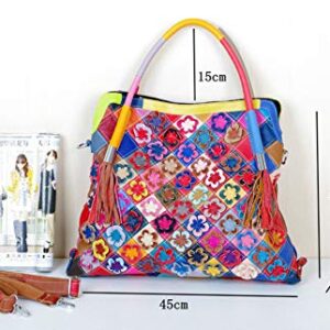 Downupdown Women Handbags Genuine Leather Tote Bag 3D-Flower Shoulder Bag Multicolor Splice Totes Satchel Purse with Tassels