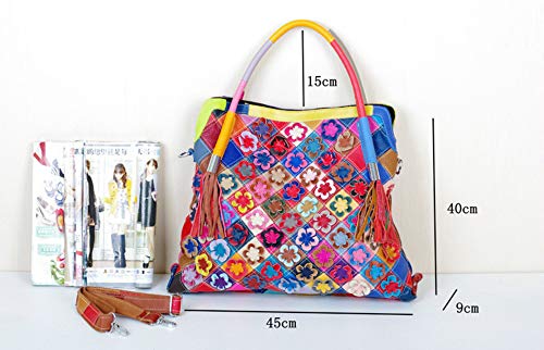 Downupdown Women Handbags Genuine Leather Tote Bag 3D-Flower Shoulder Bag Multicolor Splice Totes Satchel Purse with Tassels