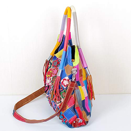 Downupdown Women Handbags Genuine Leather Tote Bag 3D-Flower Shoulder Bag Multicolor Splice Totes Satchel Purse with Tassels