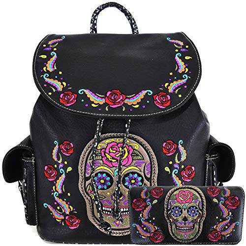 WESTERN ORIGIN Sugar Skull Day of the Dead Daypack Concealed Carry Backpack Fashion Women Travel Biker Purse Wallet Set (#1 Black Set)