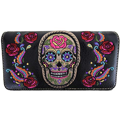 WESTERN ORIGIN Sugar Skull Day of the Dead Daypack Concealed Carry Backpack Fashion Women Travel Biker Purse Wallet Set (#1 Black Set)