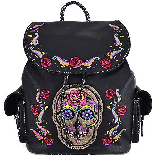 WESTERN ORIGIN Sugar Skull Day of the Dead Daypack Concealed Carry Backpack Fashion Women Travel Biker Purse Wallet Set (#1 Black Set)