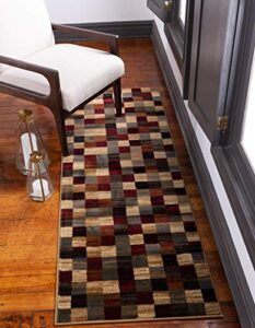 unique loom barista collection modern, rustic, geometric, squares, urban, warm colors area rug, 2′ 2″ x 6′ 0″, multi/beige
