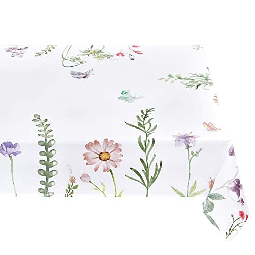 Watercolor Spring Flowers Tablecloth, 60 x 84 inch, Machine Washable Waterproof Table Cover for Easter Decor, Dining, Holiday, Parties