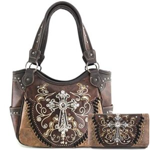zelris spring bloom western cross women conceal carry tote handbag purse set (brown)