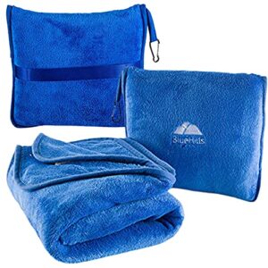 bluehills premium soft travel blanket pillow airplane blanket packed in soft bag pillowcase with hand luggage belt and backpack clip, compact pack large blanket for any travel (royal blue t003)