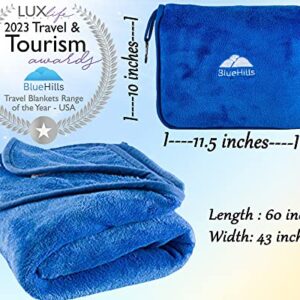 BlueHills Premium Soft Travel Blanket Pillow Airplane Blanket Packed in Soft Bag Pillowcase with Hand Luggage Belt and Backpack Clip, Compact Pack Large Blanket for Any Travel (Royal Blue T003)